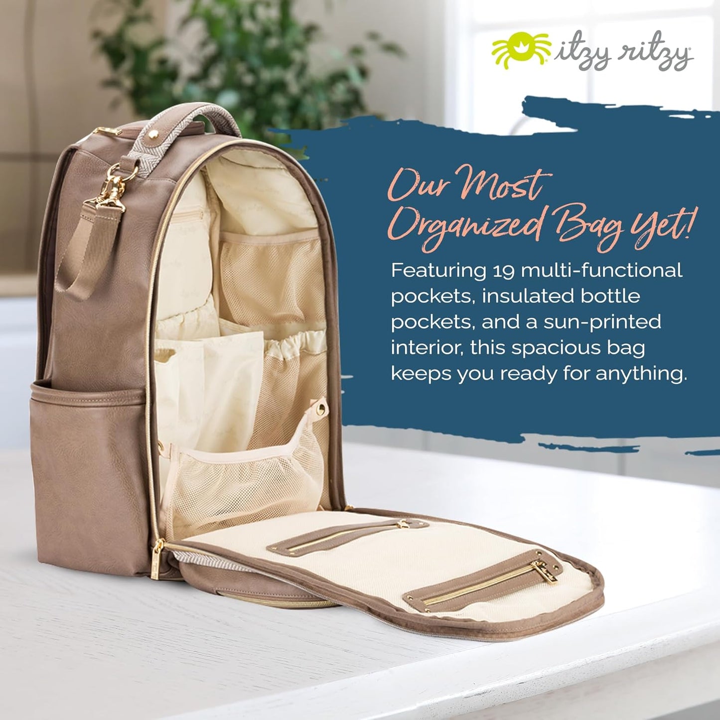 Itzy Ritzy Diaper Bag Backpack – Large Capacity Boss Plus Baby Backpack Diaper Bag Featuring 19 Pockets, Changing Pad, Stroller Clips, and Comfortable Straps (Vanilla Latte)