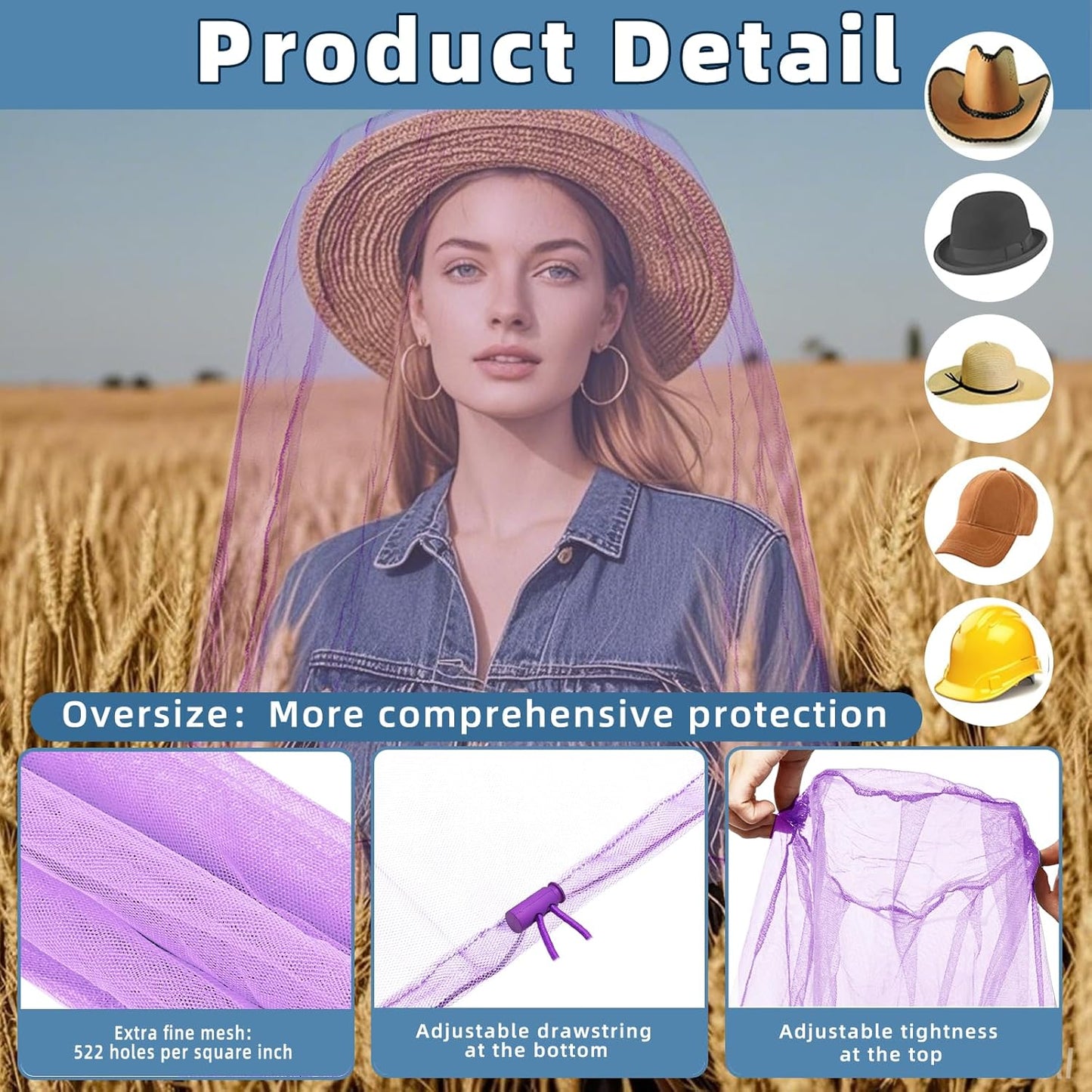 Oversized Mosquito Net 42 x 25 Inches Ultra Large Mosquito Head Net Face Neck Fly Mesh Netting Fits All Hats for Outdoor Camping Hiking Fishing Gardening Safari(Light Purple)