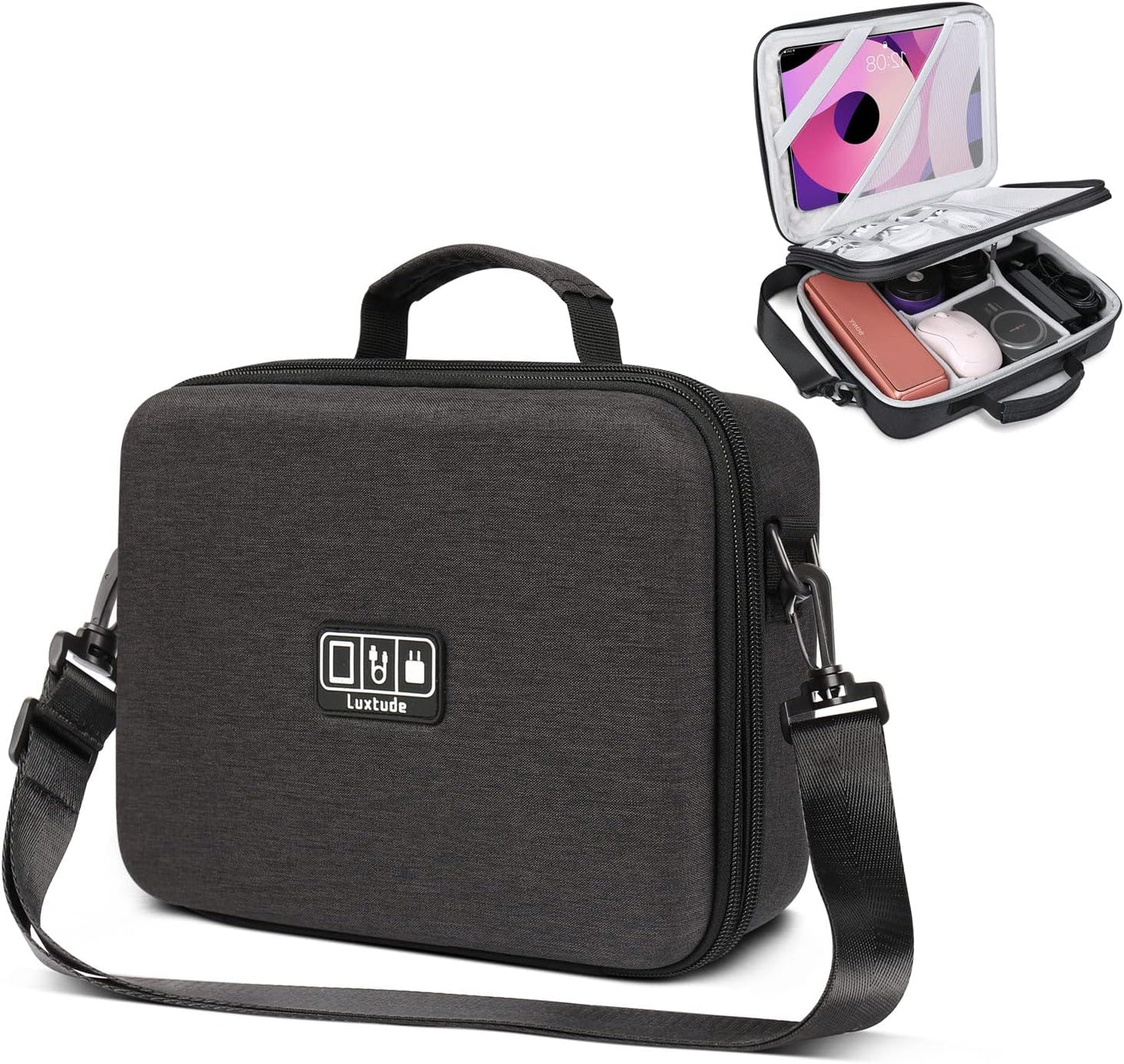Luxtude Electronic Organizer Travel Case Large, Hard Case for Electronics, EVA Tech Organizers, Travel Cable Bag with Shoulder Strap, Charger Organizers Carrying Cases for iPad(Up to 11’’)