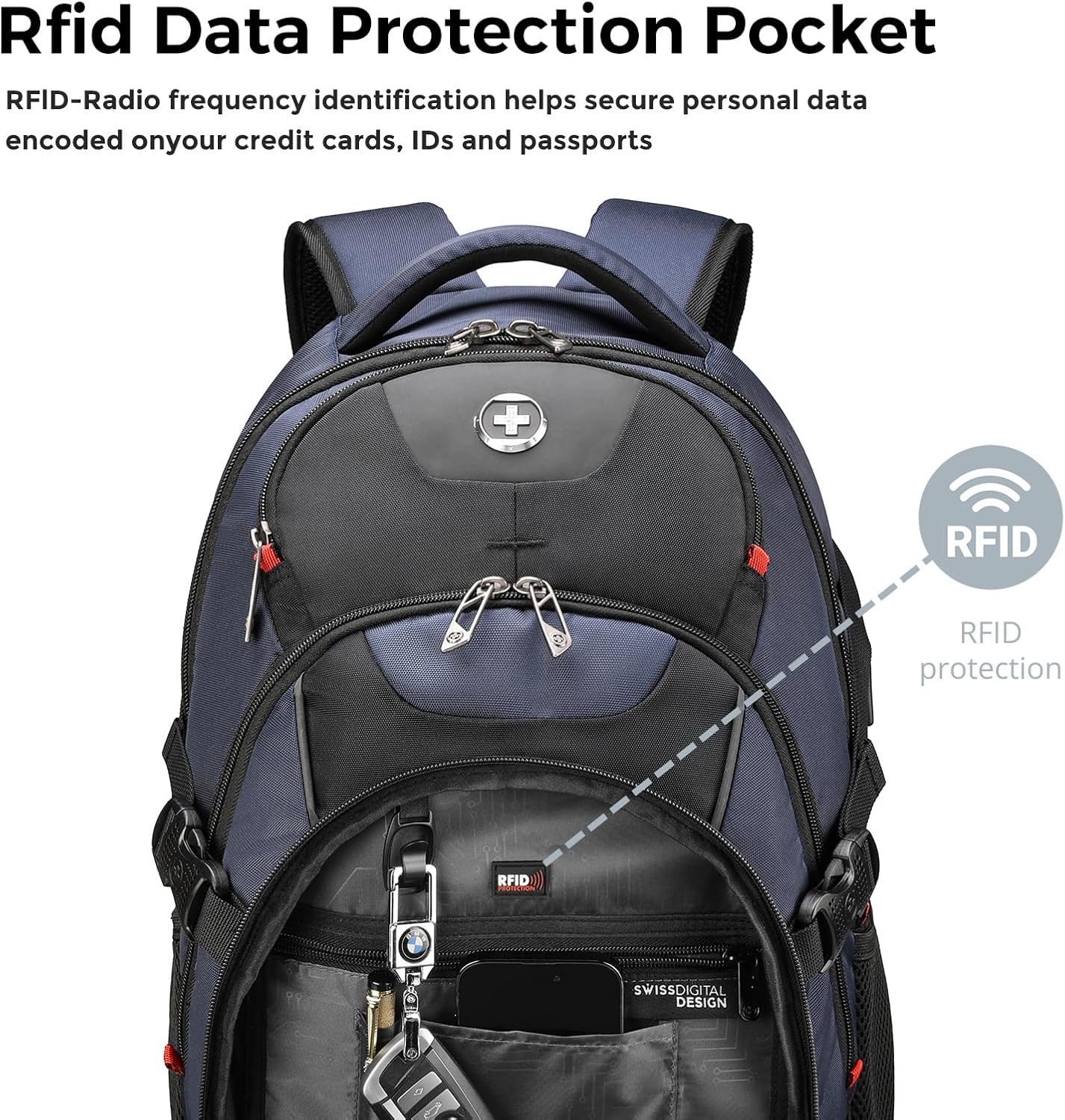 Swissdigital Design Laptop Backpack with USB Charging Port, TSA Travel Backpack Fits 15.6 inches Computer, 31L College School Backpack for Men, Blue/Black | SD803
