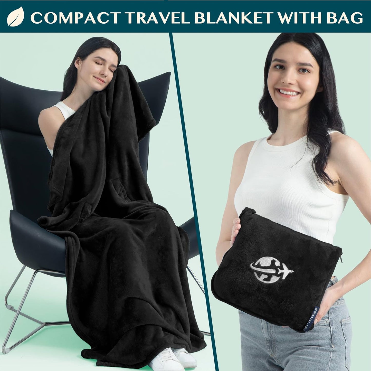 PAVILIA Travel Blanket and Pillow, Arms Opening Airplane Blankets for Adults, Compact Plane Blanket with Arm Hole 2-in-1 Bag for Flight Car Camping Fit in Luggage Backpack Traveler Gift, Black