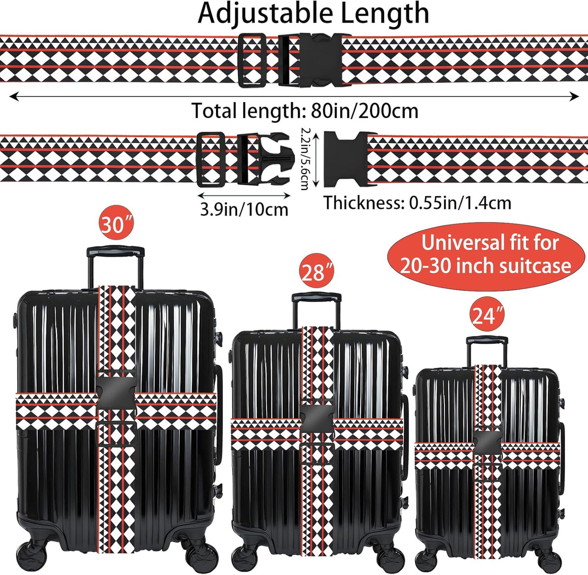 Geometric Arts Luggage Straps for Suitcases, Adjustable Luggage Travel Belt to Keep Luggage Security While Travel, Strong Polyester Fabric, Easy-to-Recognize Funny Pattern Travel Accessories, 2 Pack