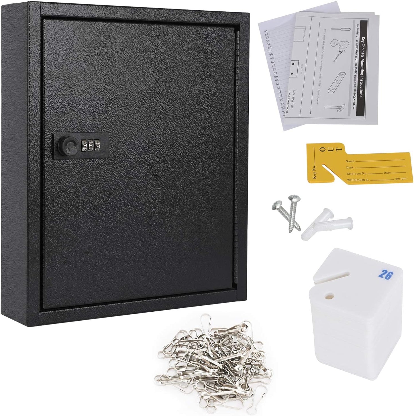 KYODOLED 60-Key Storage Lock Box with Code, Wall Mount Combination Lock Box, Key Hooks & Labels, Black