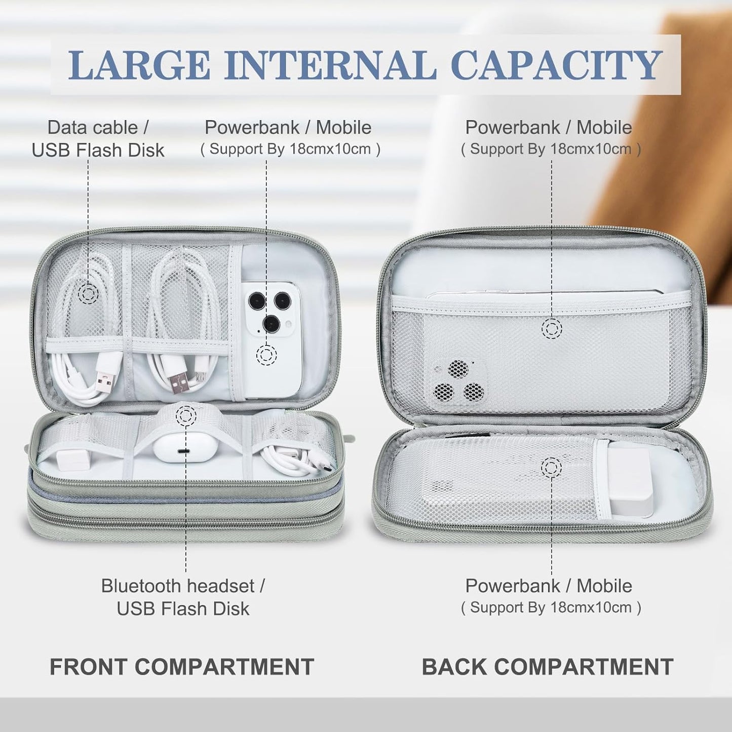 FYY Electronic Organizer, Travel Cable Organizer Bag Pouch Electronic Accessories Carry Case Portable Waterproof Double Layers Storage Bag for Cable, Charger, Phone, Earphone, Medium Size- Light Grey