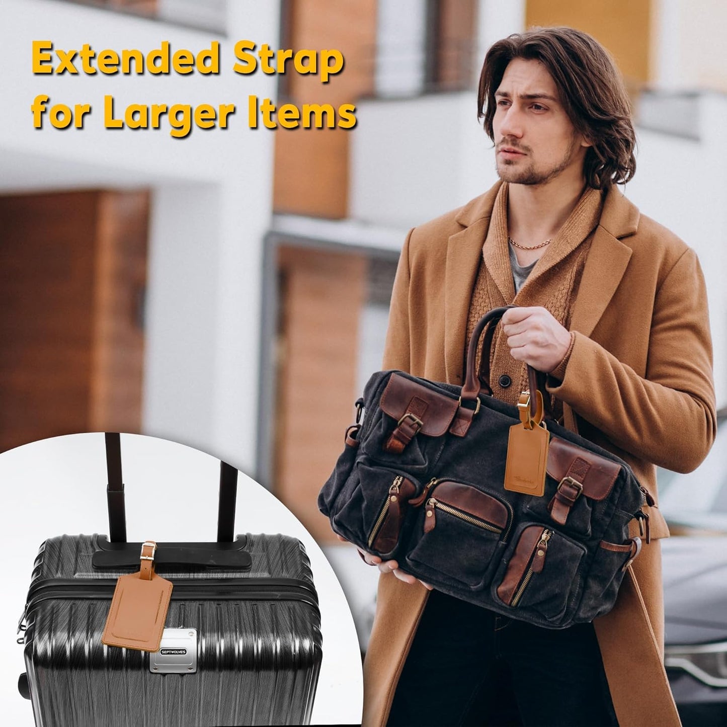 Travelambo Luggage Tags for Suitcases Faux Leather Privacy Protection 12 Pack Bag Tags Travel Accessories Essential, Yellowish Brown