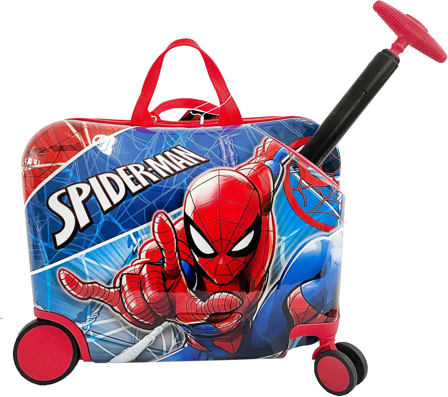 Fast Forward Spiderman Ride on Luggage for Kids, 18'' Suitcase with Seat for Kids, Cute Lightweight Travel Trolley