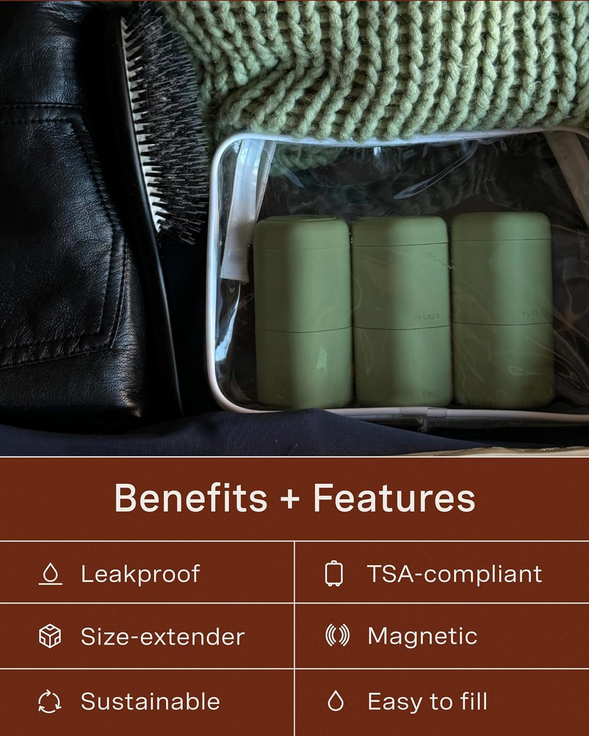 Cadence Extender - Add On to Any Flex Magnetic Containers with Lids,Extension to Travel Bottles for Toiletries - Carry On Travel Essentials For Women/Men - Adds Additional 1.43 fl oz - 3pk, Eucalyptus