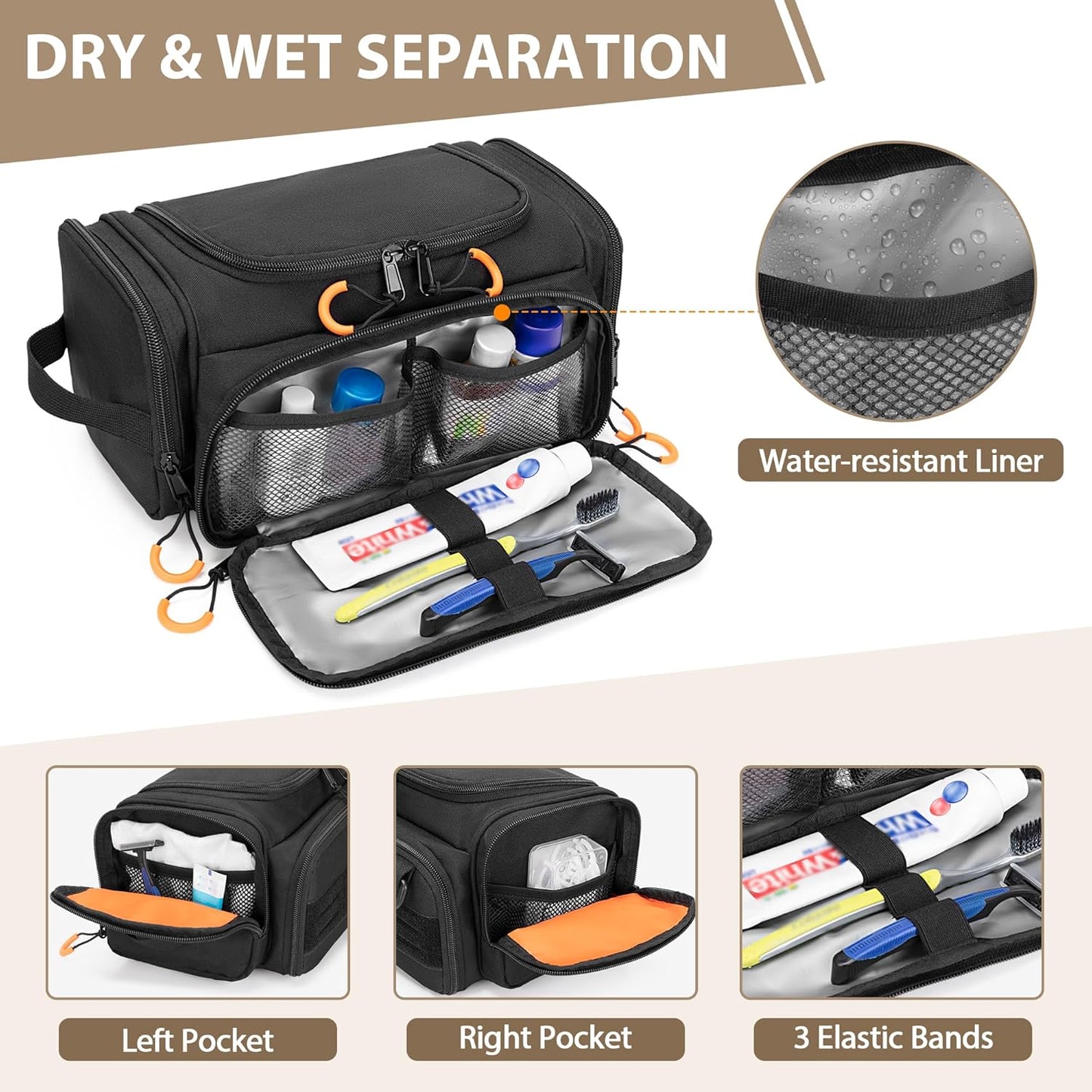 Tactical Toiletry Bag for Men, Hanging Hygiene Bag, Travel Dopp Kit Organizer for Shaving, Shower Essentials and Toiletries, Black (Empty Bag)