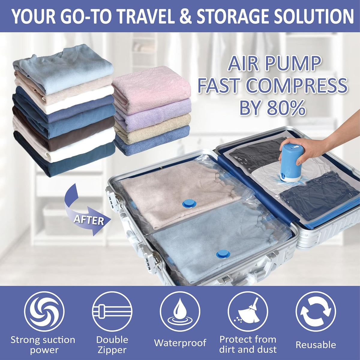 Cozy Essential 15 Pack Travel Vacuum Storage Bags with Portable Electric Pump, Suitase Vacuum Seal Space Saver Bags for Clothing and Luggage Compression