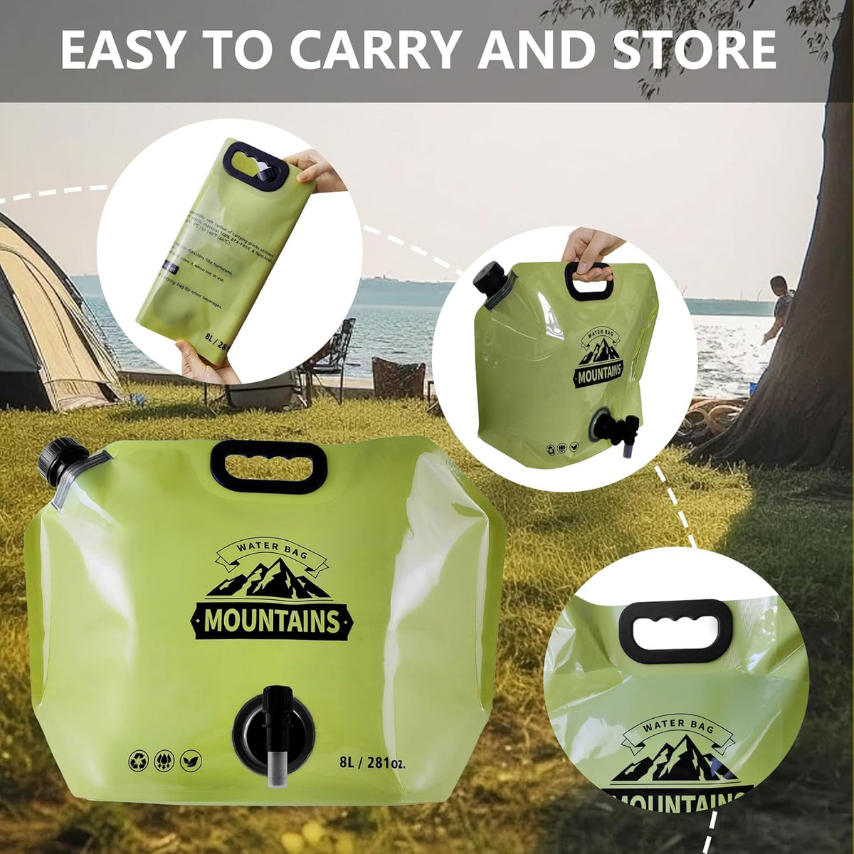 Collapsible 8L Water Storage Bag, BPA-Free Portable Folding Water Jug with Adjustable Faucet, Leakproof Emergency Water Bag for Camping, Hiking, Riding, Outdoor Sport (GREEN, 1)