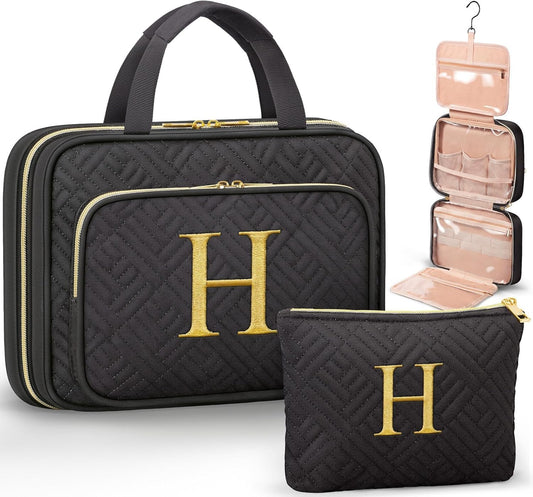 Personalized Gifts for Women, Initial Toiletry Bag Hanging Travel Organizer & Makeup Cosmetic Bag with Embroidery Letter Teacher Appreciation Gift Birthday Mothers Day Gifts for Mom Wife Friend Sister