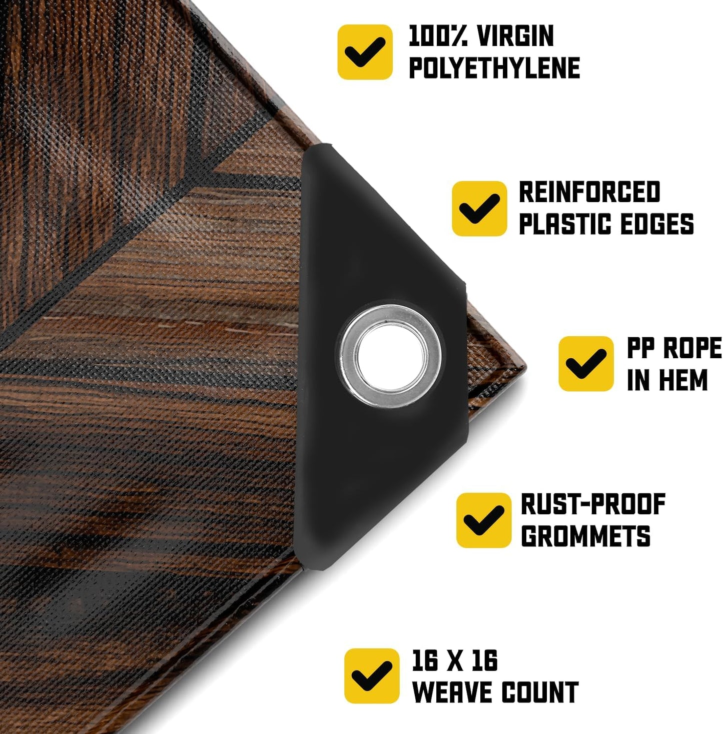 Core Tarps Extreme Heavy Duty 20 Mil Tarp Cover, Waterproof, UV Resistant, Rip and Tear Proof, Poly Tarpaulin with Reinforced Edges for Roof, Camping, Patio, Pool, Boat (Brown Wood/Black 40′ X 50′)