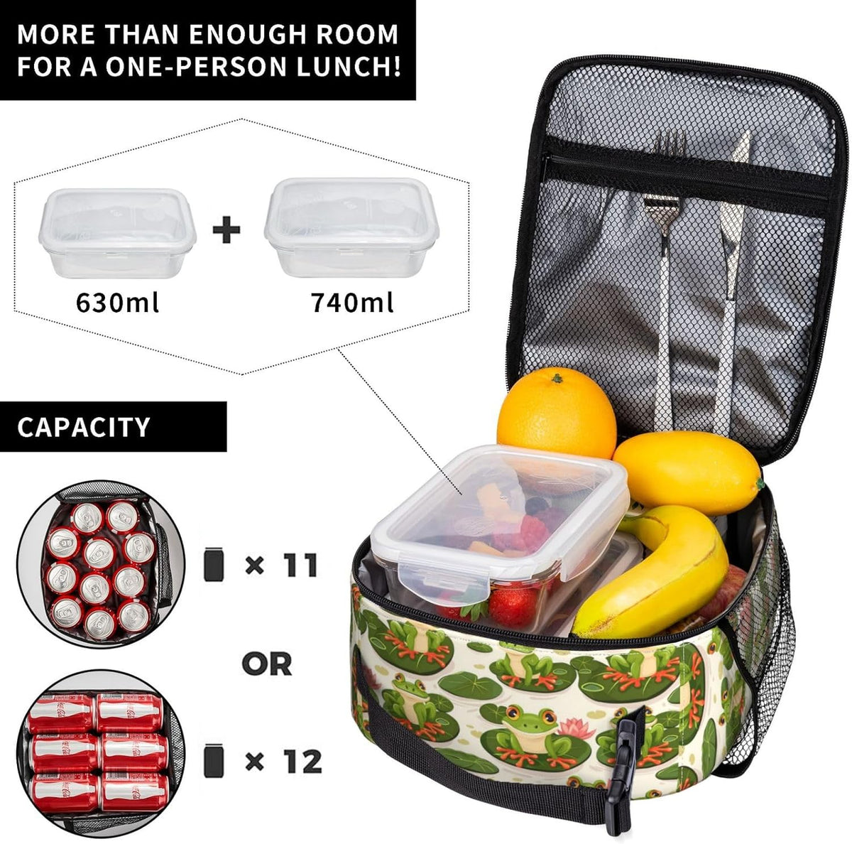 Frog Insulated Lunch Box for Women Men Frog Lunch Bag for Travel,or Fishing Polyester