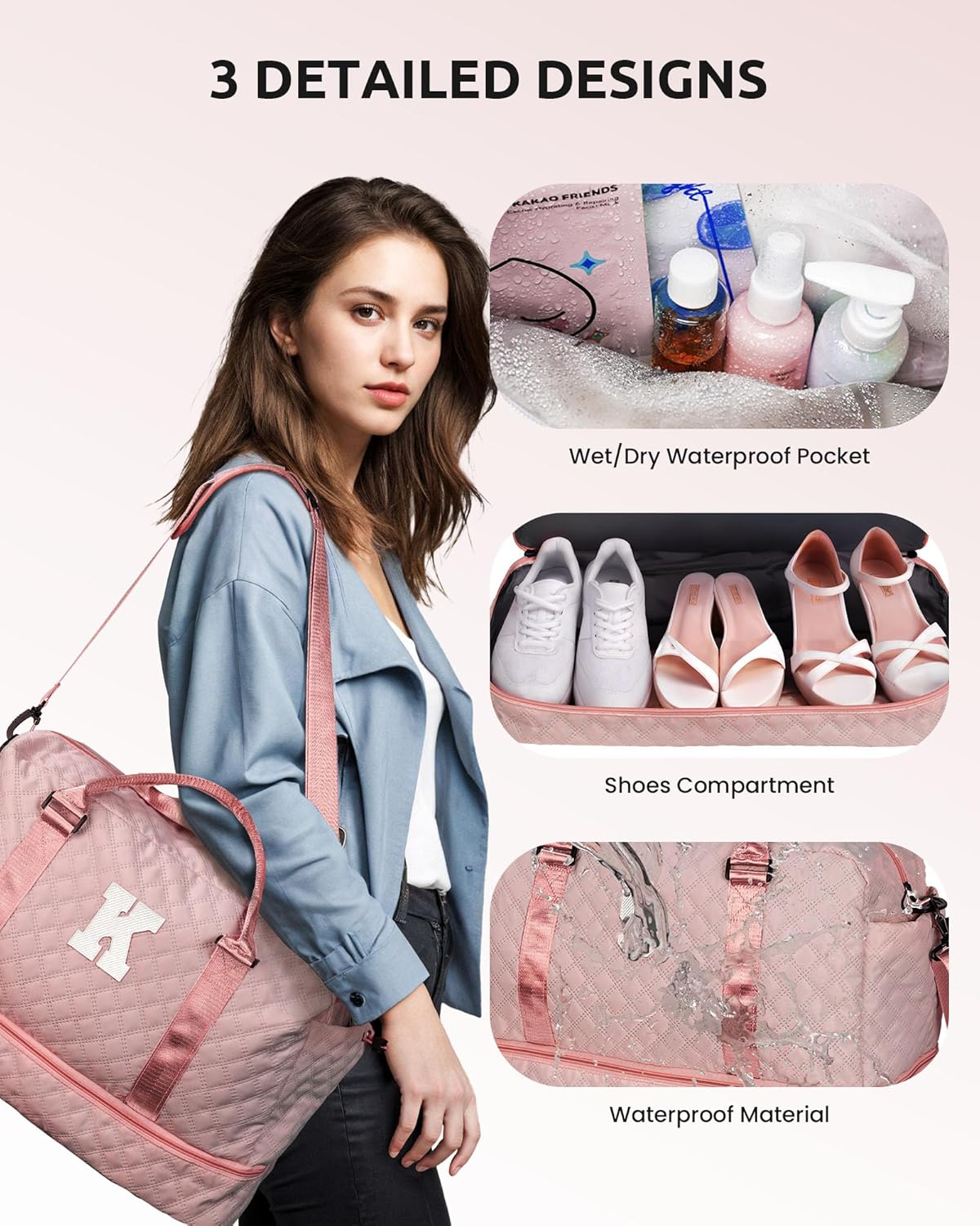Initial Duffle Travel Bag, Personalized Weekender Bag with Shoulder Strap, Monogram Overnight Bag for Women Wet Pocket, Letter Travel Bag with Makeup Bag Gifts for family (Letter Z), Pink