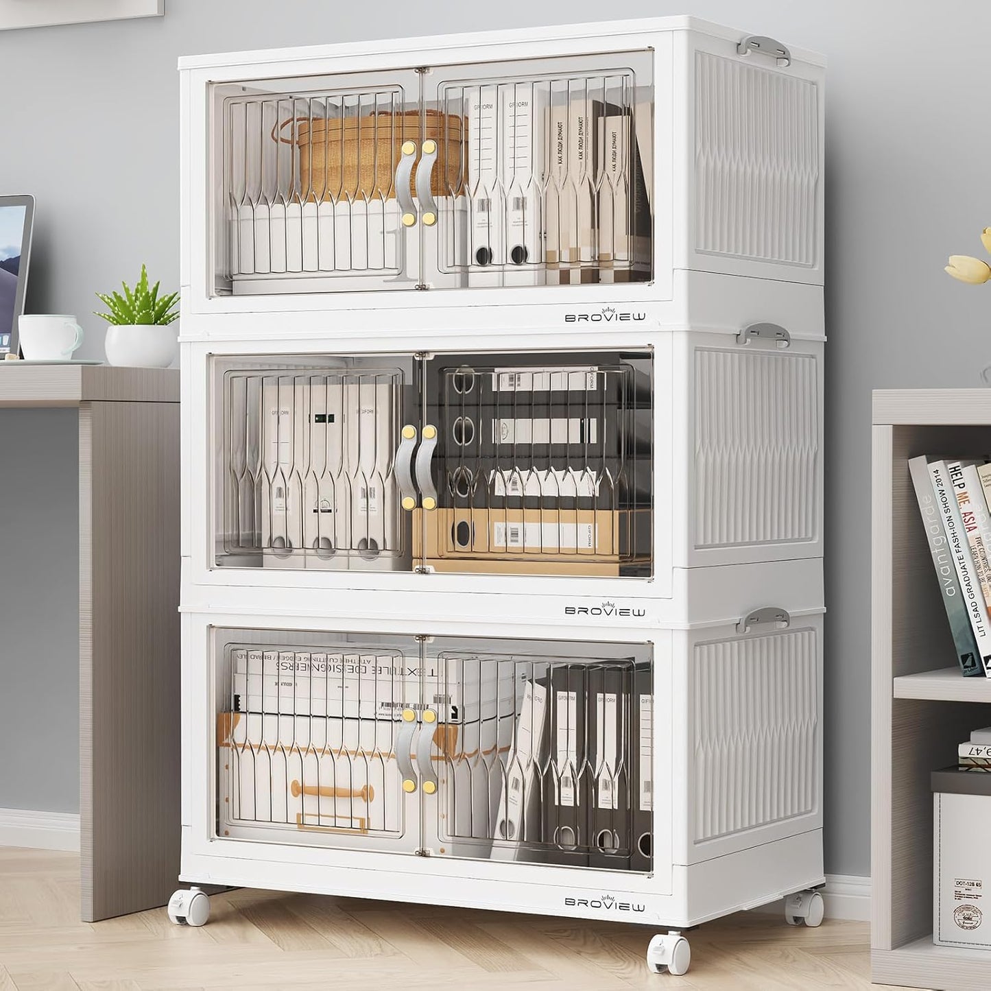 BROVIEW 180Qt Stackable Storage Bins with Lid, Extra Large Closet Organizer Collapsible Drawer Boxes with Wheels, Folding Plastic Cabinet Containers for Home Kitchen Room Organization, 3Pack White