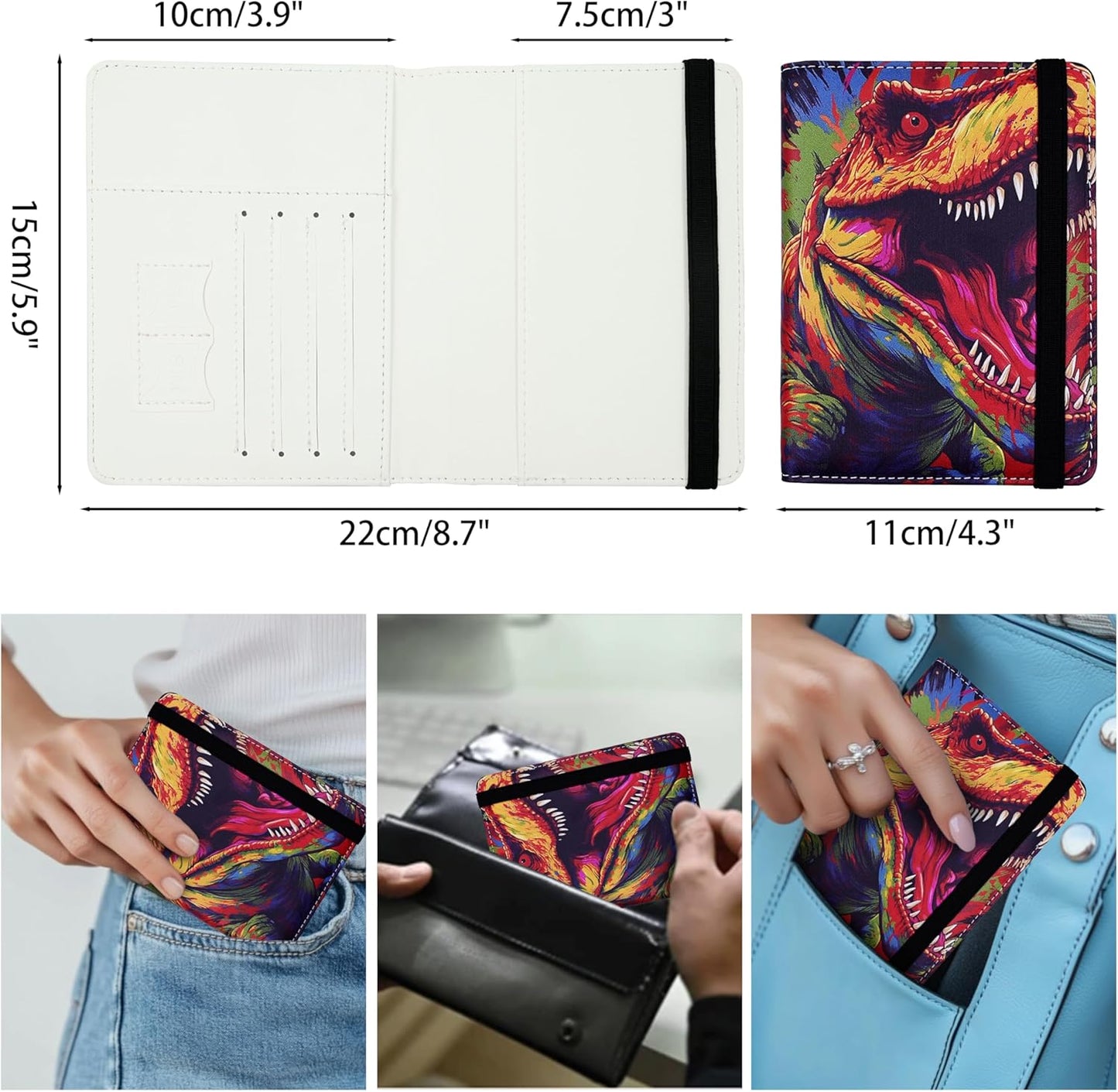 Passport Holder for Women and Men PU Leather Passport Cover for Travel (Colorful Dinosaur)