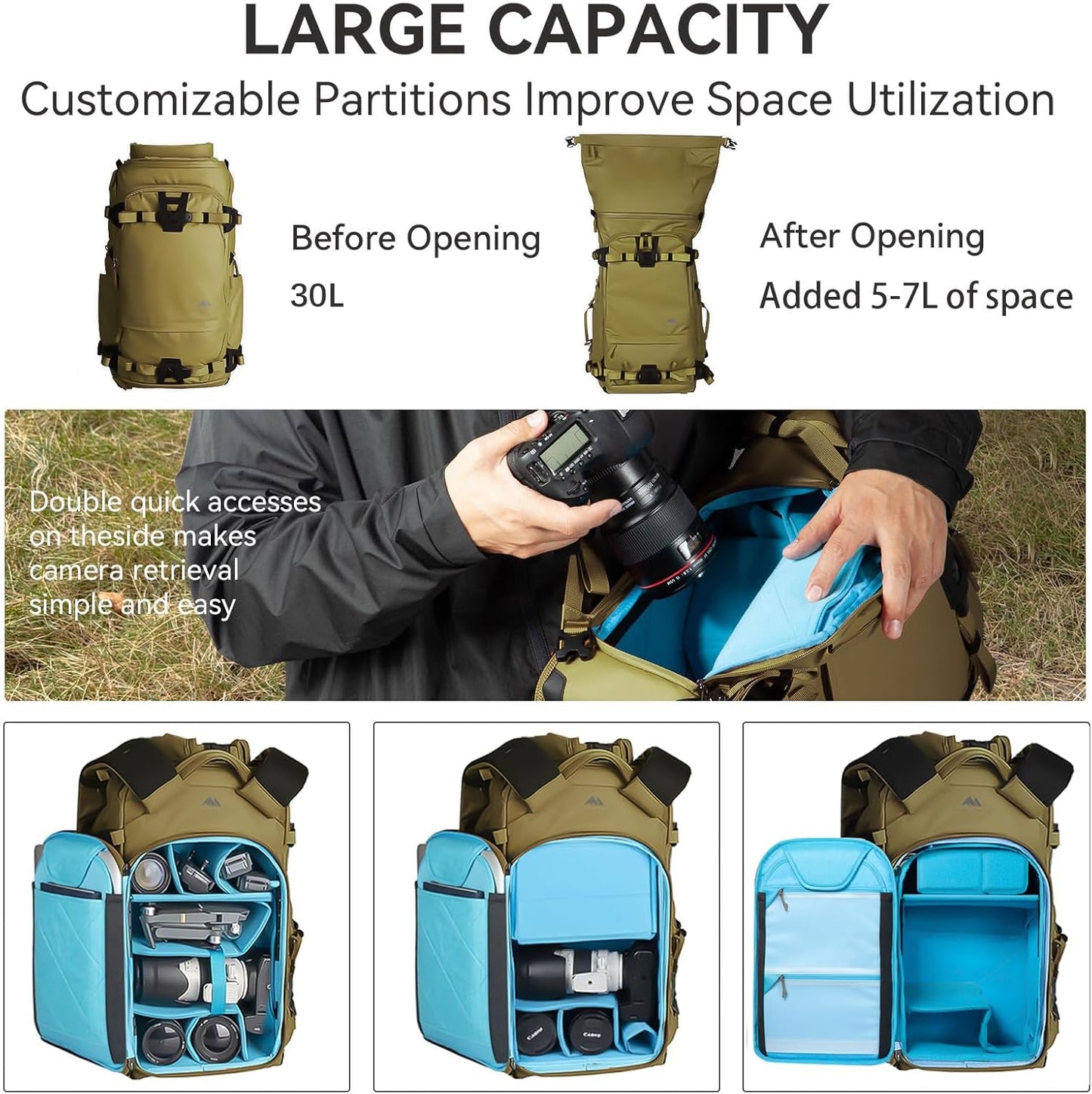 Tenzing 30L Water-Resistant Camera Backpack with Rain Cover, 14" Laptop Compartment, Fits DSLR, Drone, Lenses, Tripod-Brown