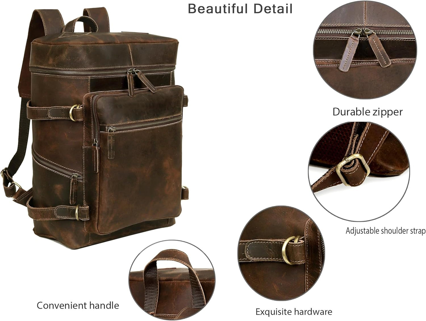 HLC Leather Brown Backpack For Men 17 Inch Genuine Laptop Backpack For Women Men Genuine Leather Backpack Vintage Large Capacity Business Retro Daypack