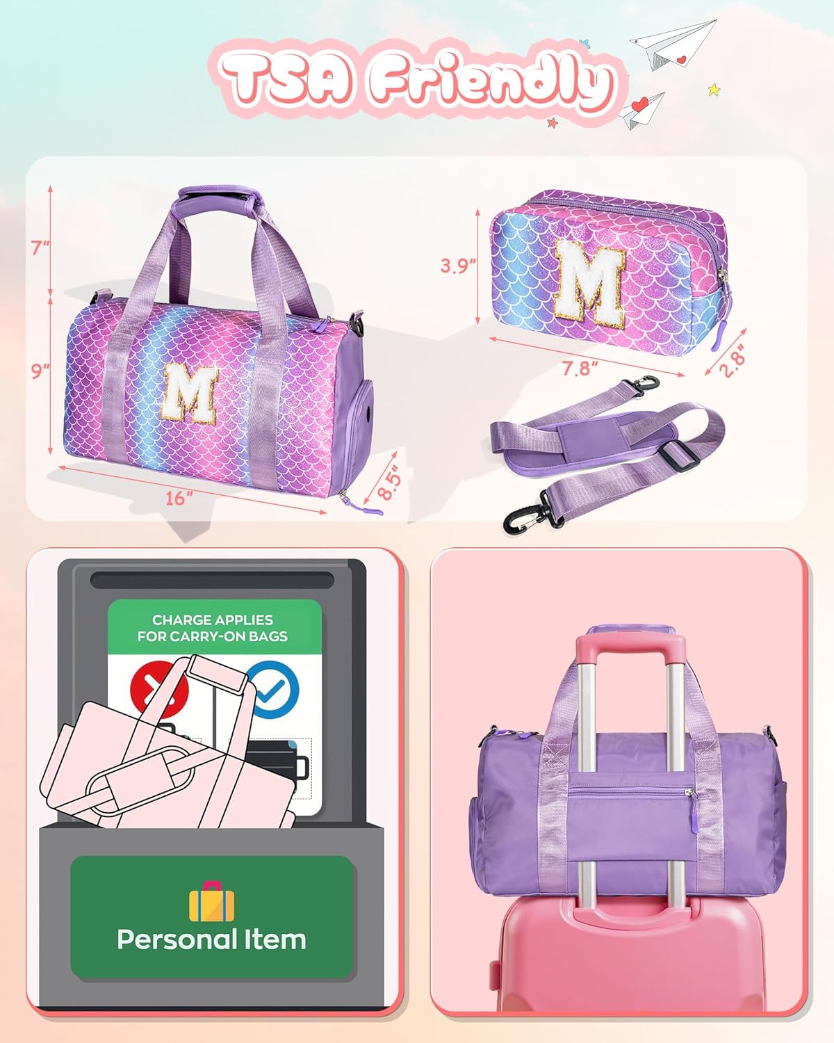 Gifts for Niece-Girl Gym Bag with Shoe Compartment, Kid Personalized Weekender Overnight Bags, Initial Travel Tote with Makeup Pouch, Birthday Gift for Sister Granddaughter (Letter J)