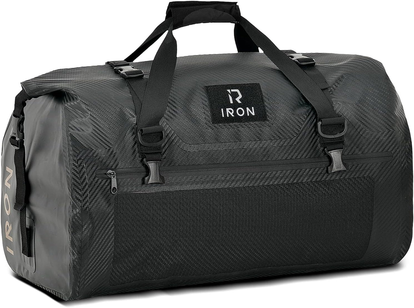 IRON JIA'S Motorcycle Dry Bag - Waterproof Duffle & Luggage Tail Bag Saddle Bags with Roll Top Closure, Shoulder Straps, Inner Pocket and Mesh Pocket (Carbon Fiber, 30L)