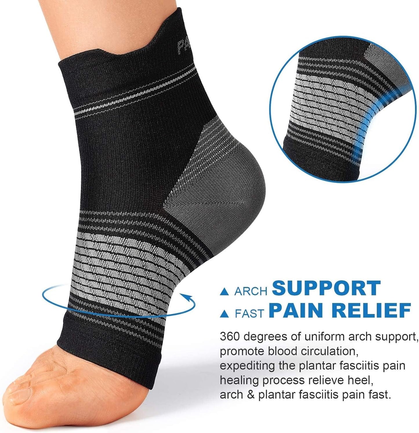 Plantar Fasciitis Sock (6 Pairs) for Men and Women, Compression Foot Sleeves with Arch and Ankle Support (Black, Gray, White, X-Large)