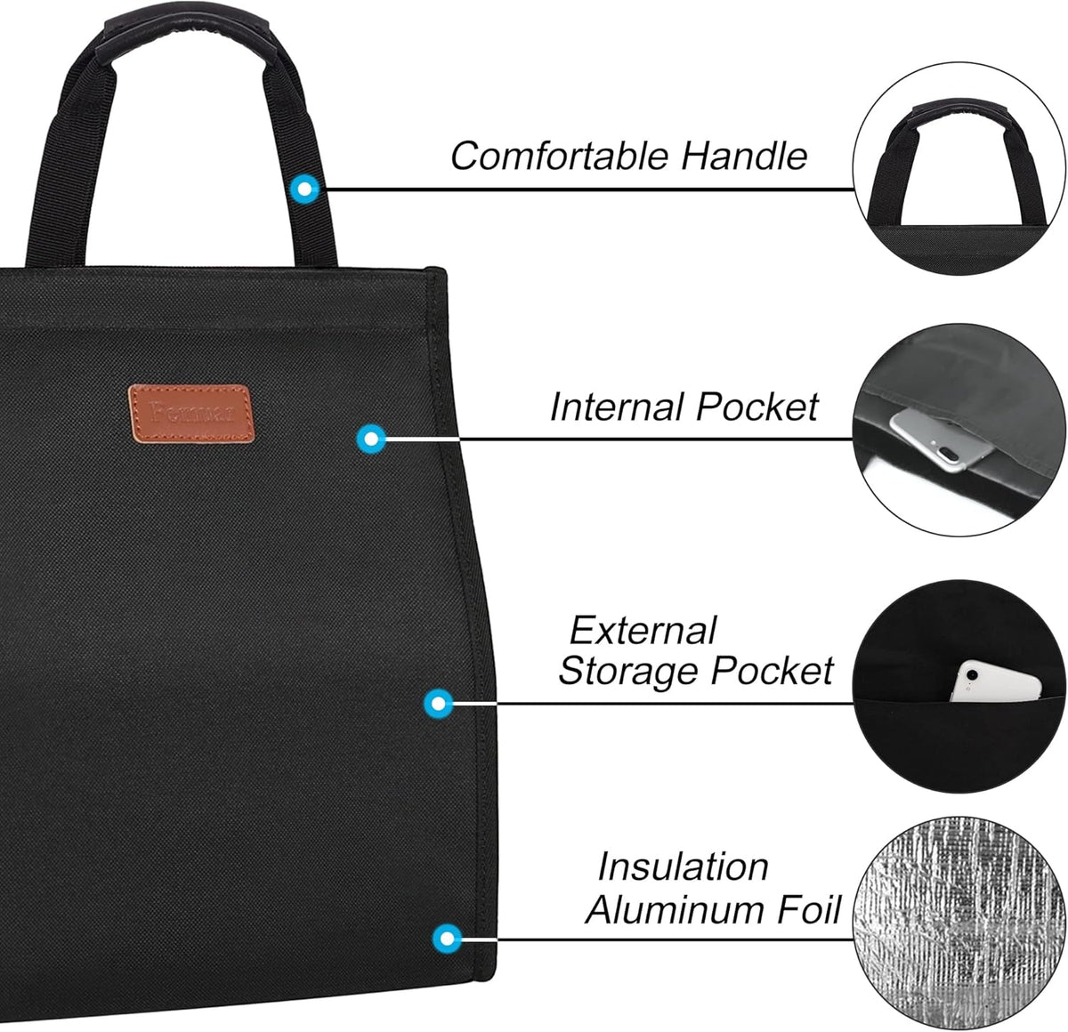 Lunch Bags for Women Insulated Reusable Lunch Tote with Internal Pocket, Adult Lunch Tote bag for Work (Black