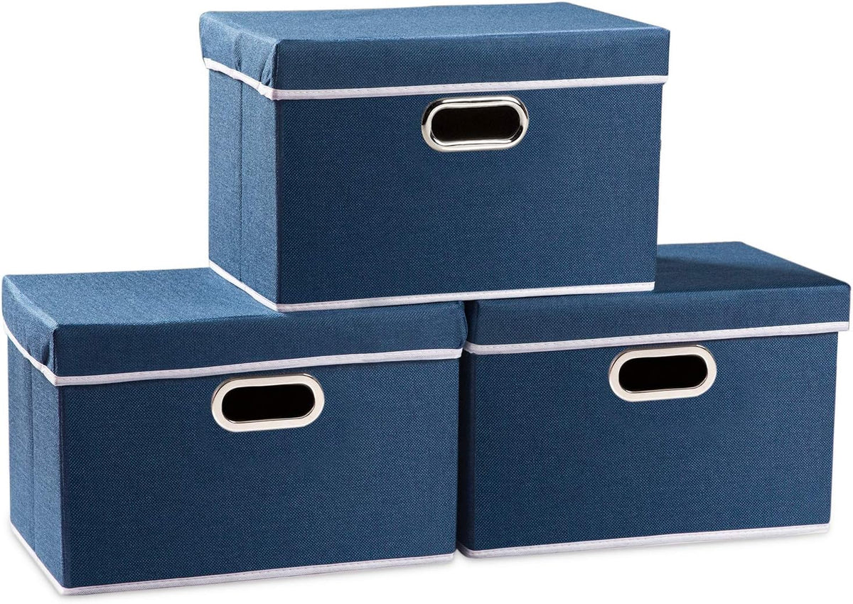 PRANDOM Collapsible Storage Bin with Lid [3-Pack] Fabric Foldable Storage Box Organizer Container Basket Cube with Cover for Home Bedroom Closet Office Nursery Royal Blue(14.9x9.8x9.8)