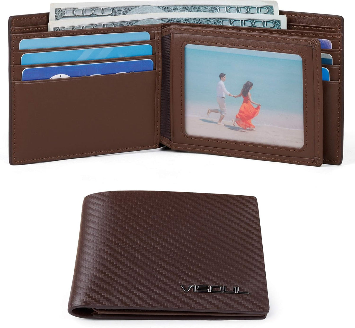 VISOUL Mens Carbon Fiber Leather Bifold Wallet with 2 ID Windows, RFID Blocking Stylish Wallet for Men with 2 Cash Compartments (Brown+Brown)
