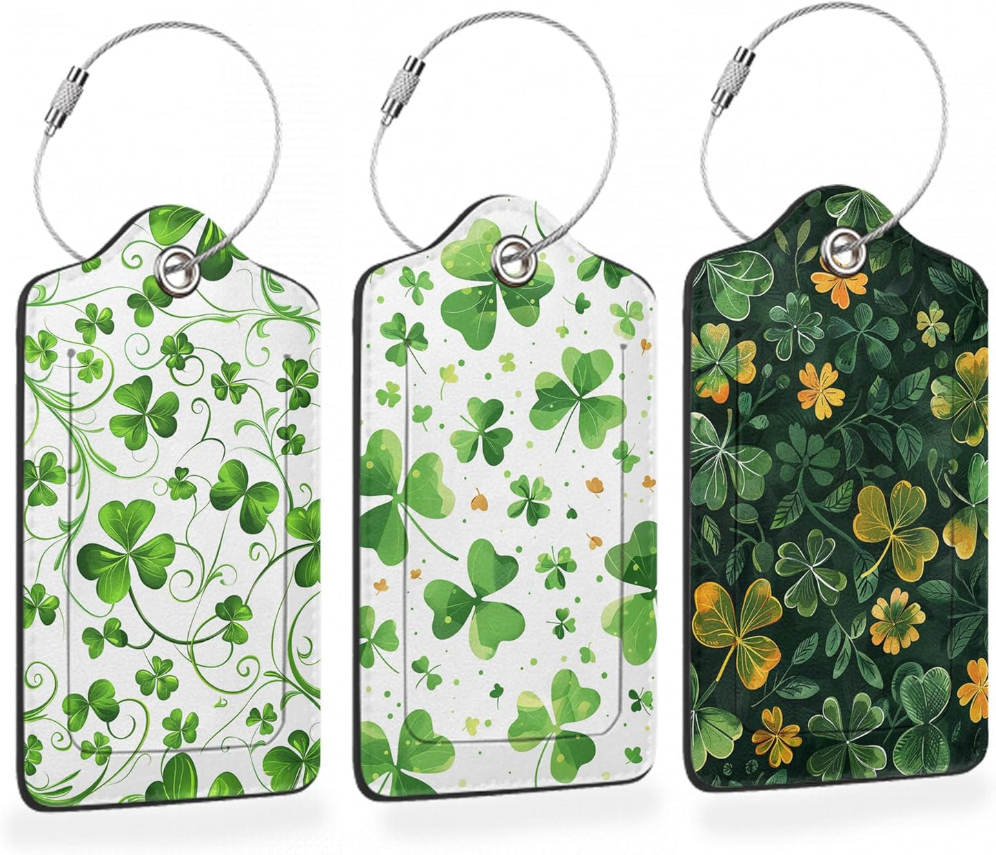 St. Patrick’s Day 3 PCS Luggage Tags, Lucky Clovers Leather Suitcase Tags with Privacy Cover Name Address Labels and Durable Steel Loop for Men/Women Travel Bag Suitcases