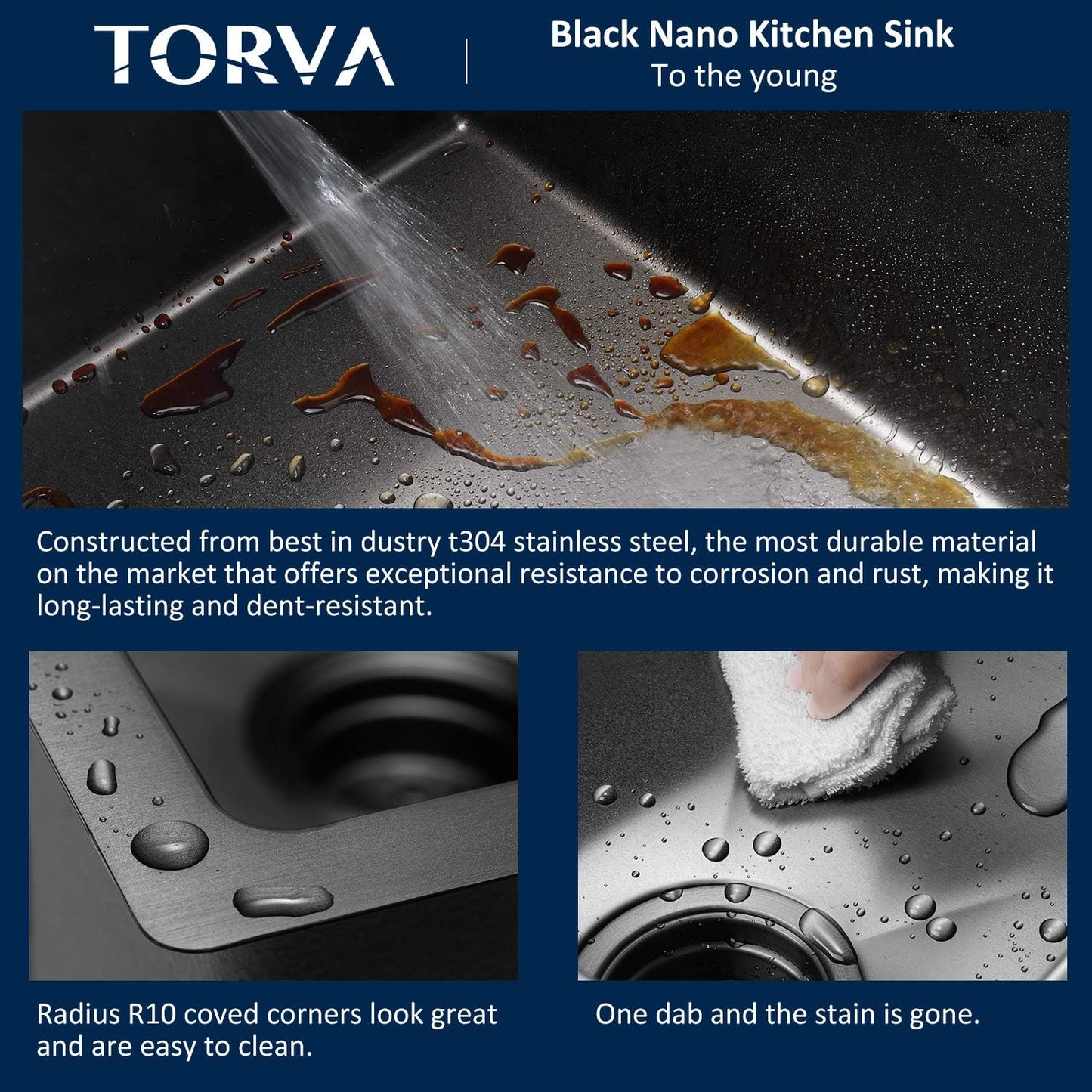 TORVA 18 x 18 Inch Gloss Black Drop-in Topmount Kitchen Sink - 16 Gauge Stainless Steel, PVD Coated Gunmetal Finish, NanoTek Single Bowl 9-Inch Deep Bar/Prep Basin, Dark Gray