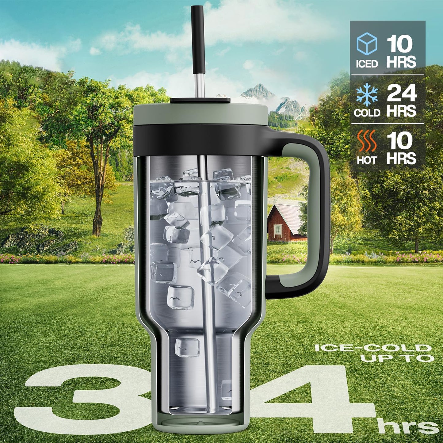POWCAN 40 oz Tumbler with Handle, 2-in-1 Straw and Sip Lid, Leakproof, Dishwasher Safe, Insulated Stainless Steel Travel Coffee Mug, Keeps Cold for 34 Hours, Fits in Car Cup Holder (Agave)