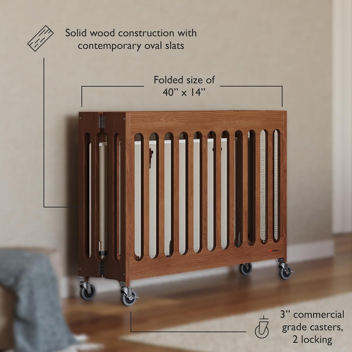 Foundations Boutique Folding Hotel Crib and Sheet Bundle - Includes Wooden Mini Crib with 3" Foam Mattress (Cherry) and 6-Pack White Fitted Compact Sheets