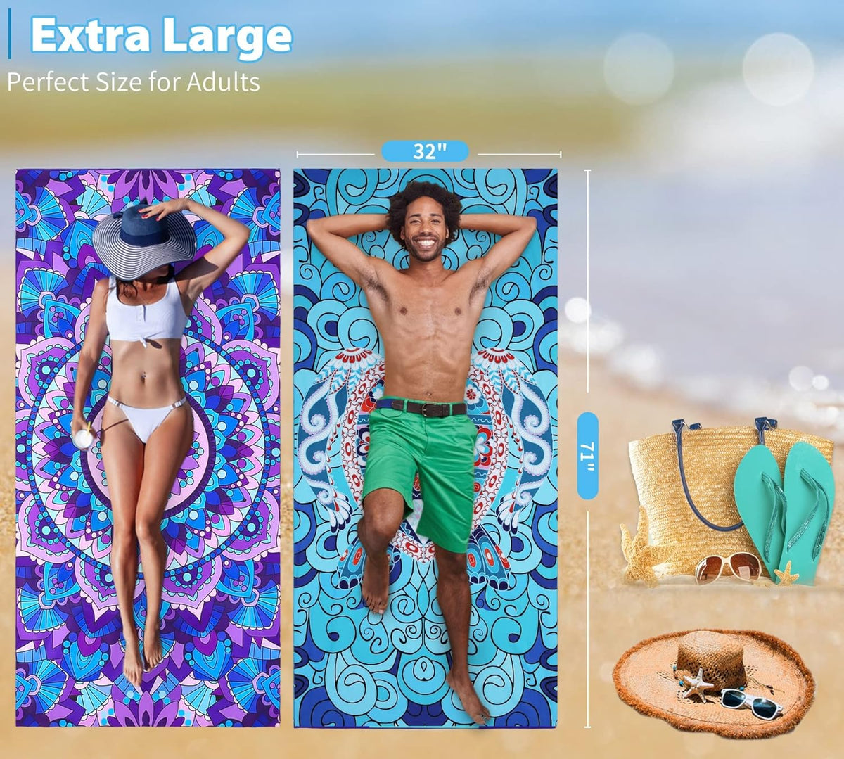 2 Pack Microfiber Oversized Lightweight Beach Towel 71"x32" Extra Thin Large Sand Free Towels Travel Swim Pool Yoga Gym for Adults Women Men Beach Essentials Accessories Vacation Gift