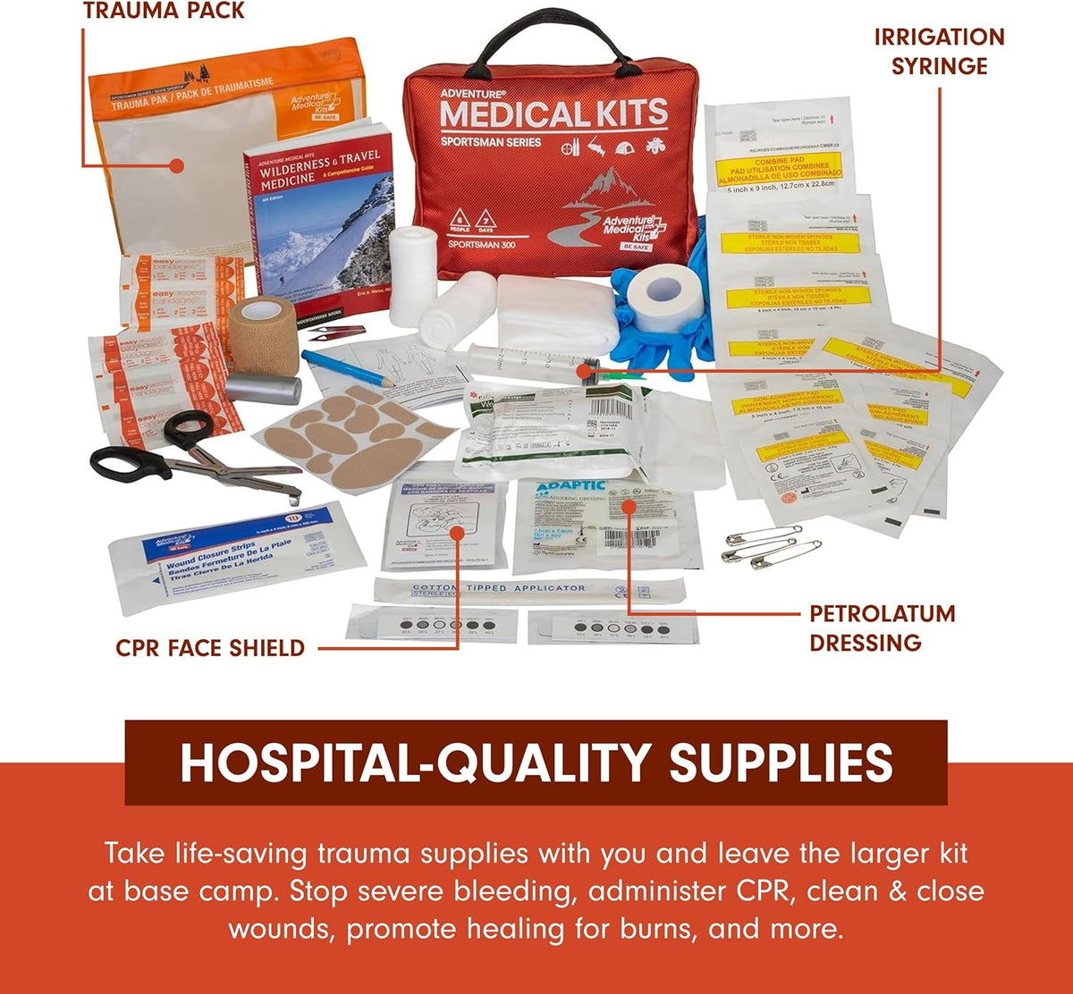 Adventure Medical Kits Sportsman Series Medical Kit - 300 - First Aid Kit for Camping, Hiking, Hunting & More - For 6 People for 7 Days - Includes Bandages, Medicine, Guide Book & More