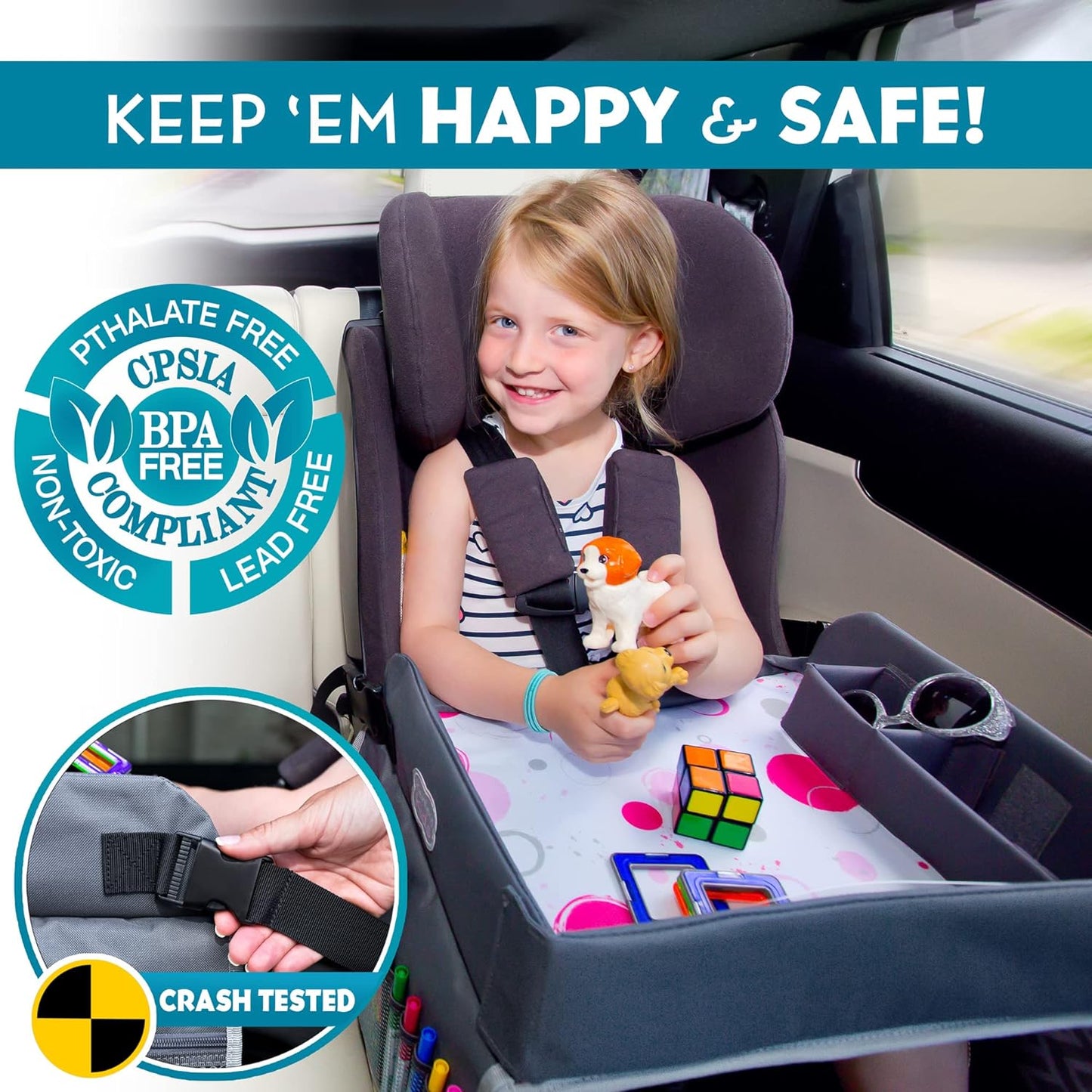 Kenley Kids Travel Tray, Toddler Car Seat Lap Tray, Road Trip Essentials Activity Table (Pink/Gray)