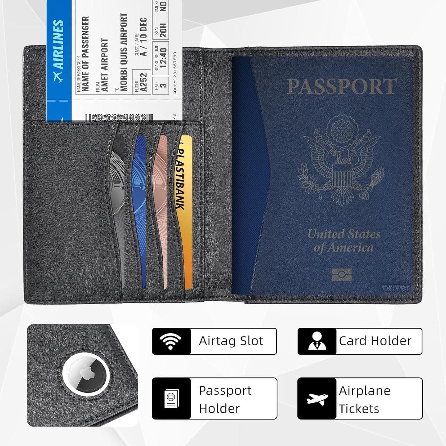 Passport Wallet With Airtag for Travel, Leather Passport Holder for Men and Women, RFID Blocking Bifold Passport Cover With Credit Card Holder (Black)