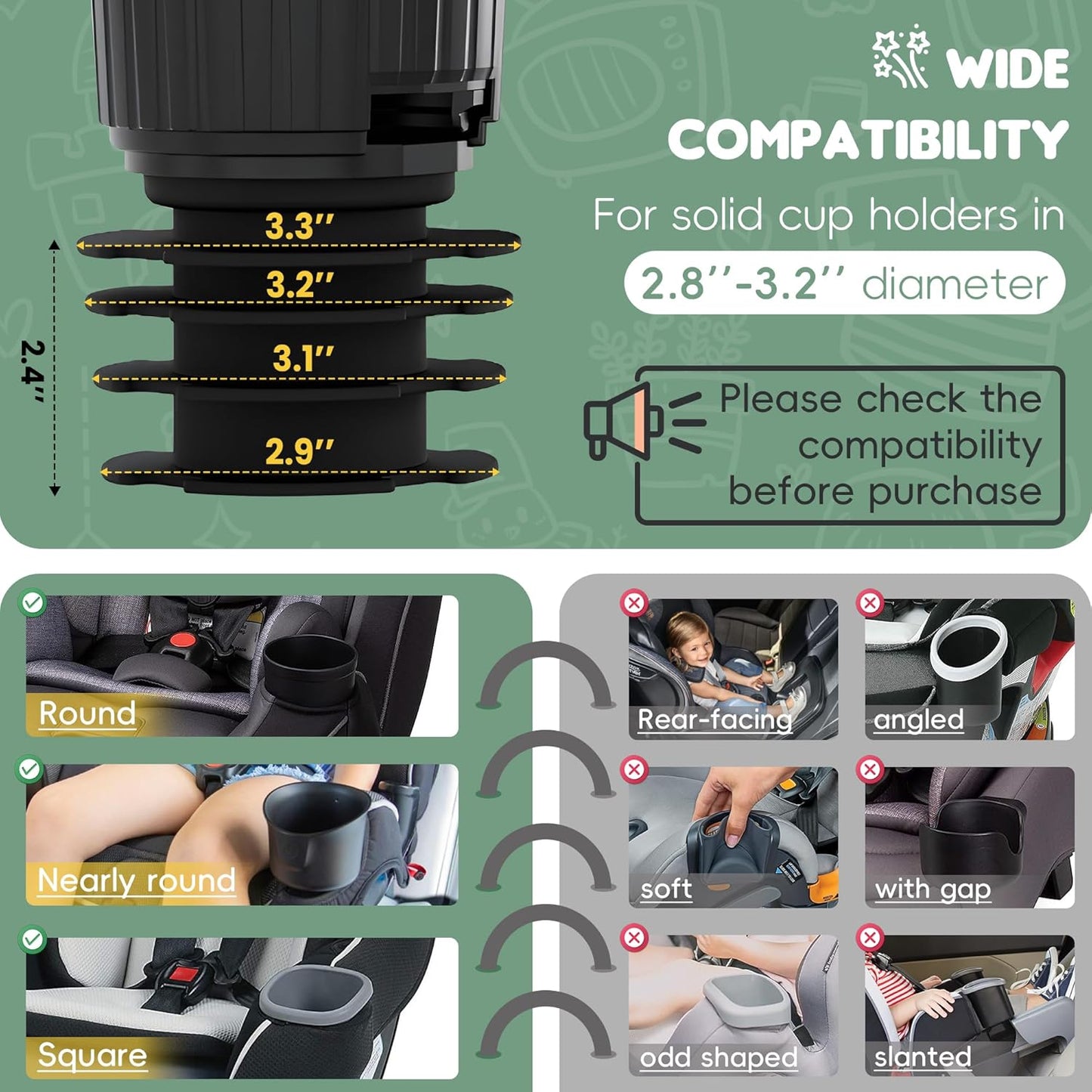 2 Pack Upgraded Car Seat Tray for Kids Car Seat Tray with Expandable Base for Snacks, Toys, Books, Entertainment Kids Travel Essentials Fits 2.8''-3.2'' Cup Holders (2, Standard Base)