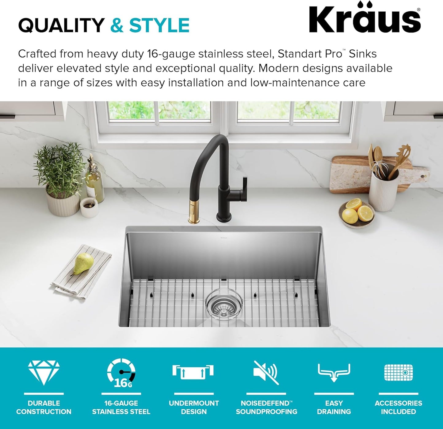 KRAUS Standart PRO 28-inch 16 Gauge Undermount Single Bowl Stainless Steel Kitchen Sink, KHU100-28