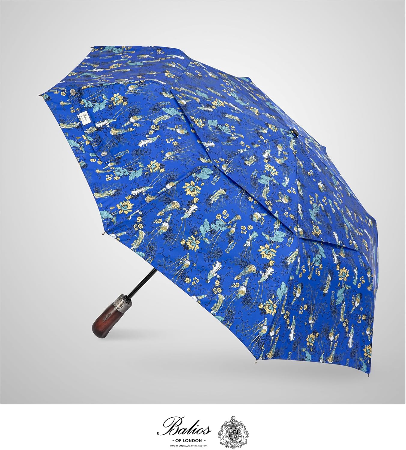 Balios Travel Folding Umbrella with Real Wood Handle Auto Open Close Vented Windproof Canopy - Designed in UK