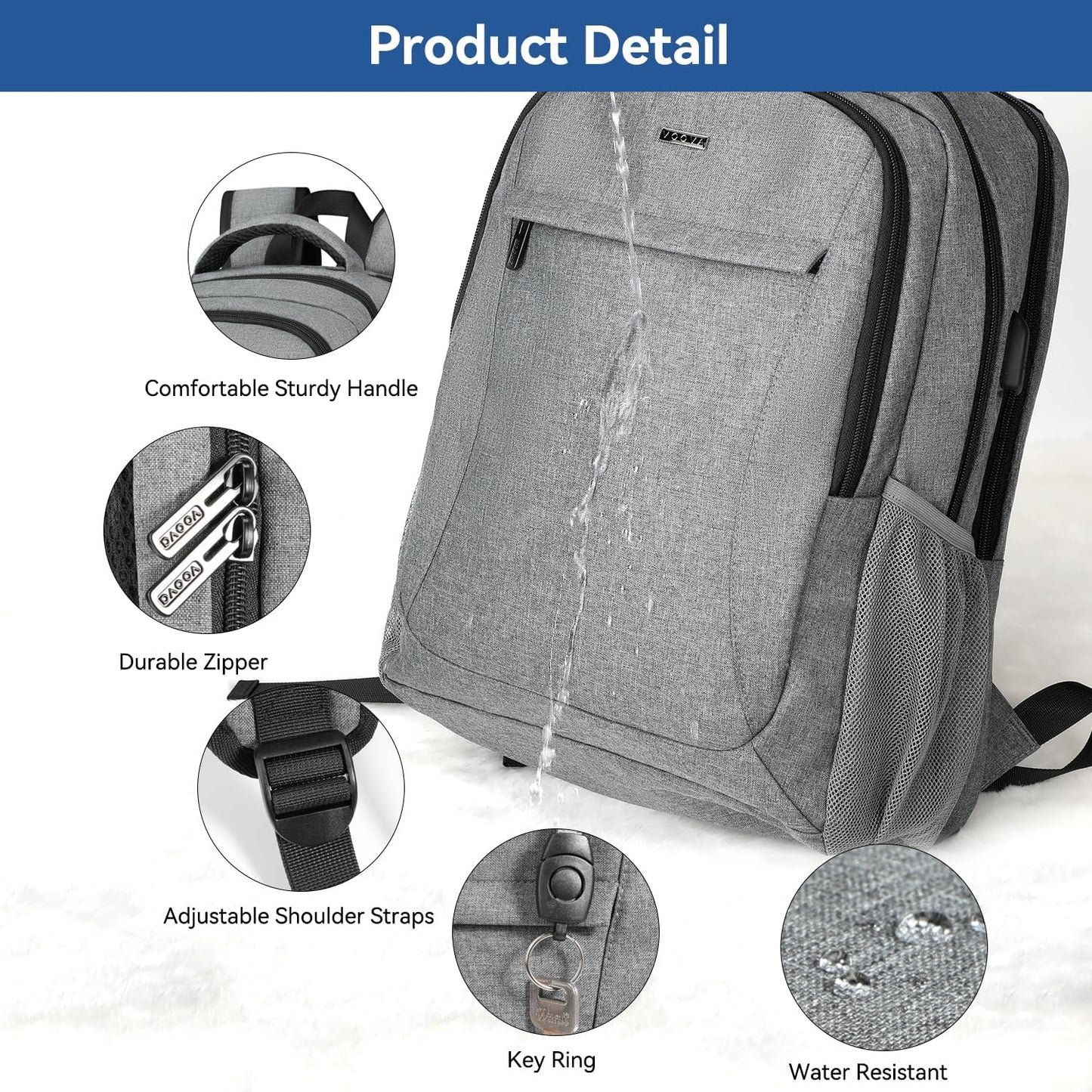 Voova Travel Laptop Backpack, Business Work Laptop Backpack for Women & Men with USB Charging Port, Waterproof Slim Durable College Computer Bag Fits 15.6 Inch Laptops and Notebook, Grey