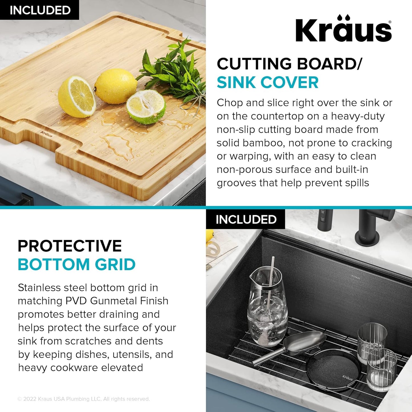 KRAUS Kore 21 Inch Undermount Workstation 16 Gauge Stainless Steel Single Bowl Kitchen Sink n PVD Gunmetal Finish with Accessories, KWU1101-21-PGM