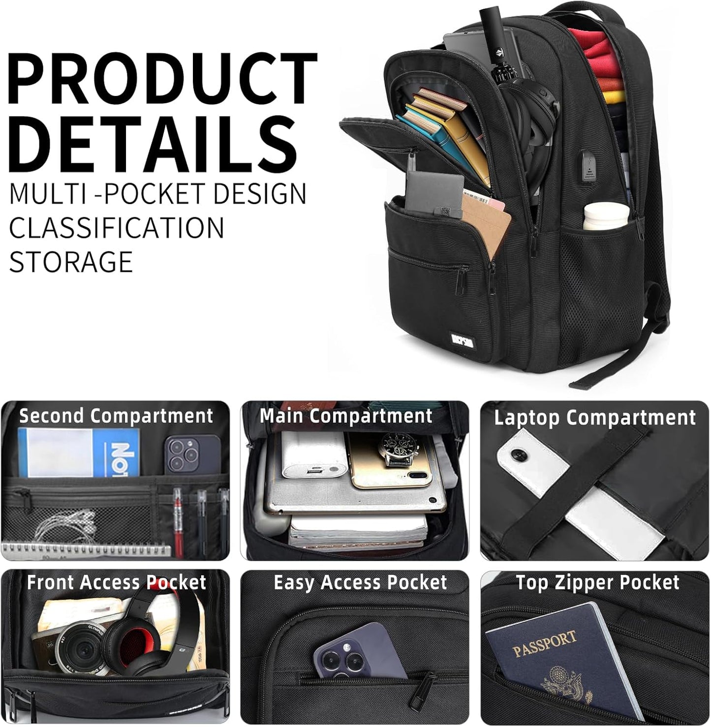 Black Backpack for Men Women, 15.6 inch Laptop Backpack for School, School Backpack for Boys Girls Teens, College Book Bag with USB Port, Water Resistant Bookbag, Business Work Travel