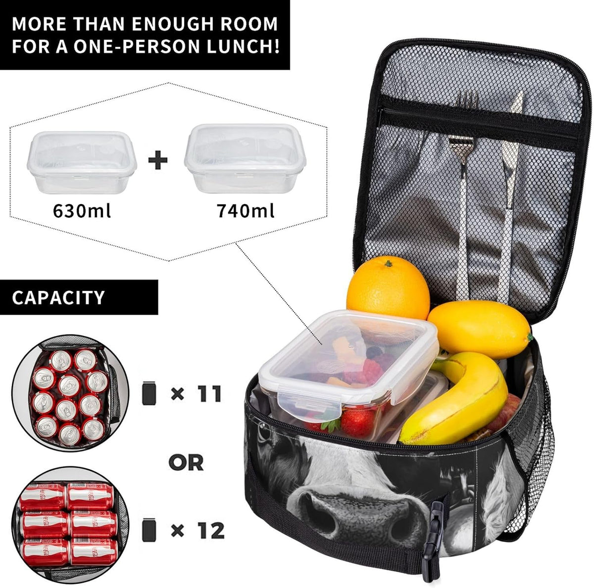 Cow Insulated Lunch Box for Women Men Cow Lunch Bag for Travel,or Fishing Polyester