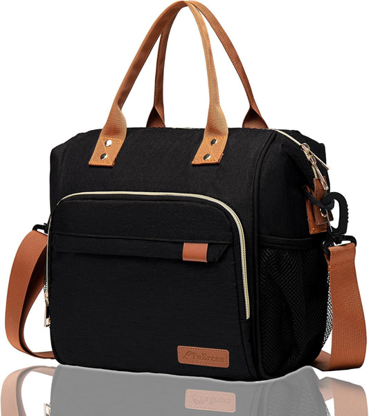 Black Lunch Box for Women Insulated Lunch Bag for Work - Adult Stylish Lunch Tote Bag for Shopping Soft Cooler for Beach Picnic Travel