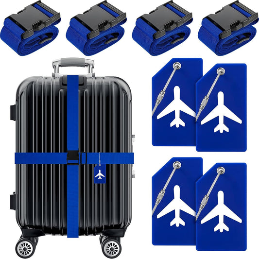 Weewooday 8 Pcs Luggage Straps Suitcase Tags Set for TSA Approved, 4 Travel Adjustable Suitcase Belt, 4 Silicone Luggage Tags with Name ID Card Travel Accessories(Ultramarine,Airplane)
