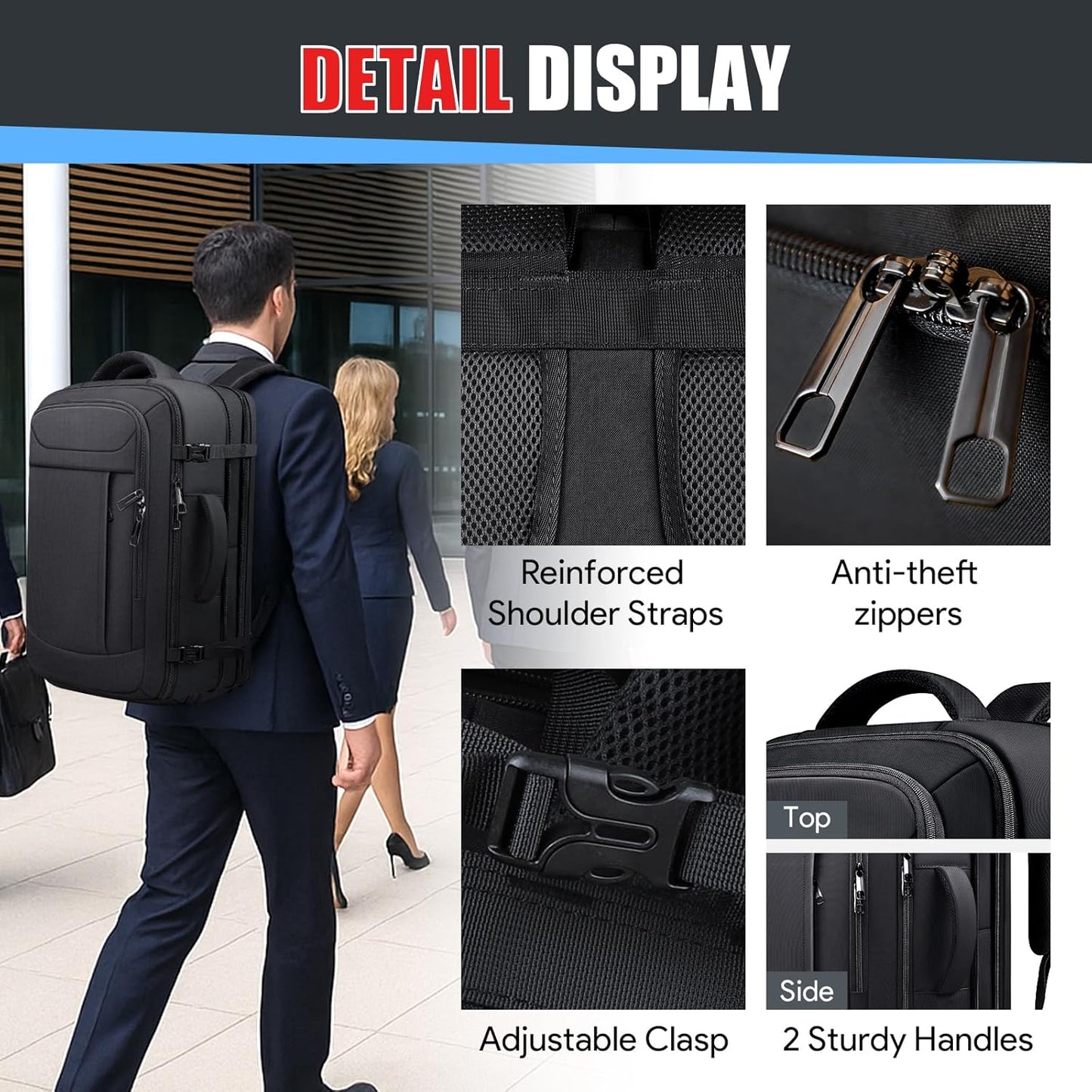 Travel Backpack,Expandable 40-50L Carry On Backpack,Extra Large Anti-Theft TSA Flight Approved Large Weekender Daypack Bag for Men and Women, Waterproof Pocket Lightweight Travel Gifts for Men,Black