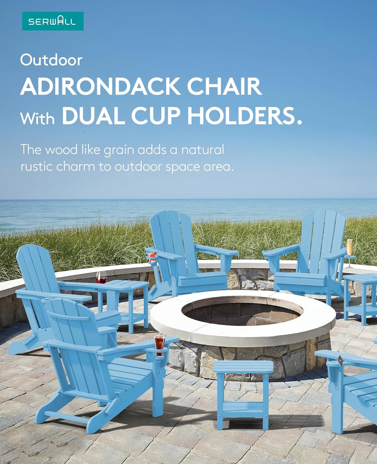 SERWALL Adirondack Chair with Cup Holders - Composite Adirondack Chairs Set of 4 HDPE Outdoor Chairs All Weather Use- Light Blue