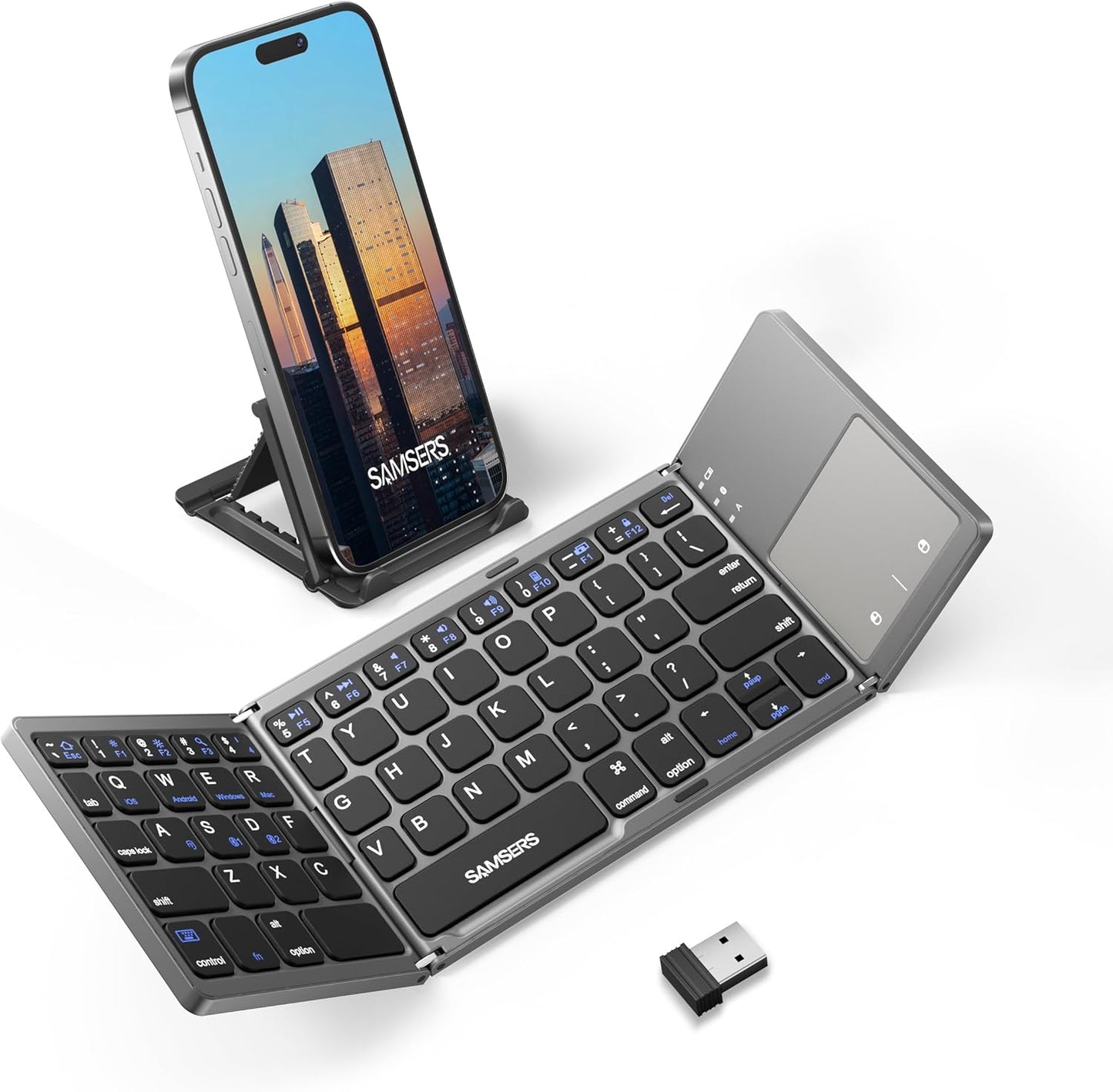 Samsers Multi-Device Foldable Bluetooth Keyboard with Touchpad Rechargeable Dual-Mode(2.4G+BTx2) Wireless Keyboard with Holder, Portable Ultra Slim Folding Keyboards for Android Windows iOS Mac OS