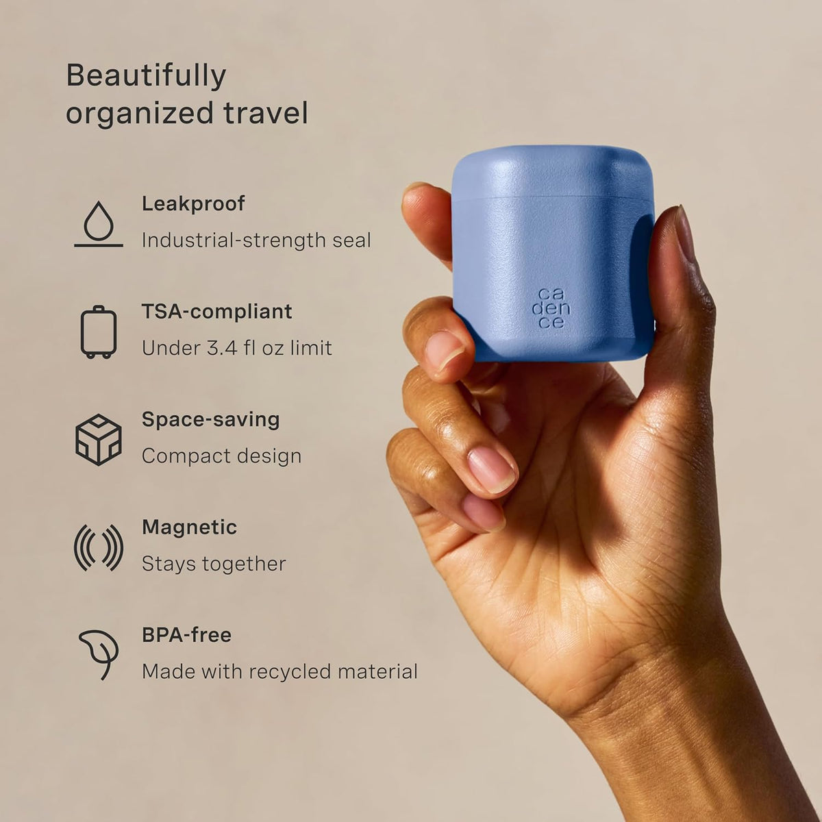 Cadence Travel Containers - Body Care Capsule Set - Magnetic Containers with Lids,Carry On Travel Essentials for Women/Men - 3 Flex Mediums (1.32oz) - Body Wash, Lotion & Sun Icon Labels - Pacific