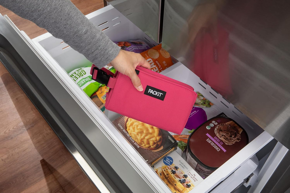 PackIt Freezable Snack Box, Magenta, Built with ECOFREEZE Technology, Collapsible, Reusable, Zip Closure with Buckle Handle, Designed For Work Snacks, Fresh Snacks On the Go, Adults, and All Ages